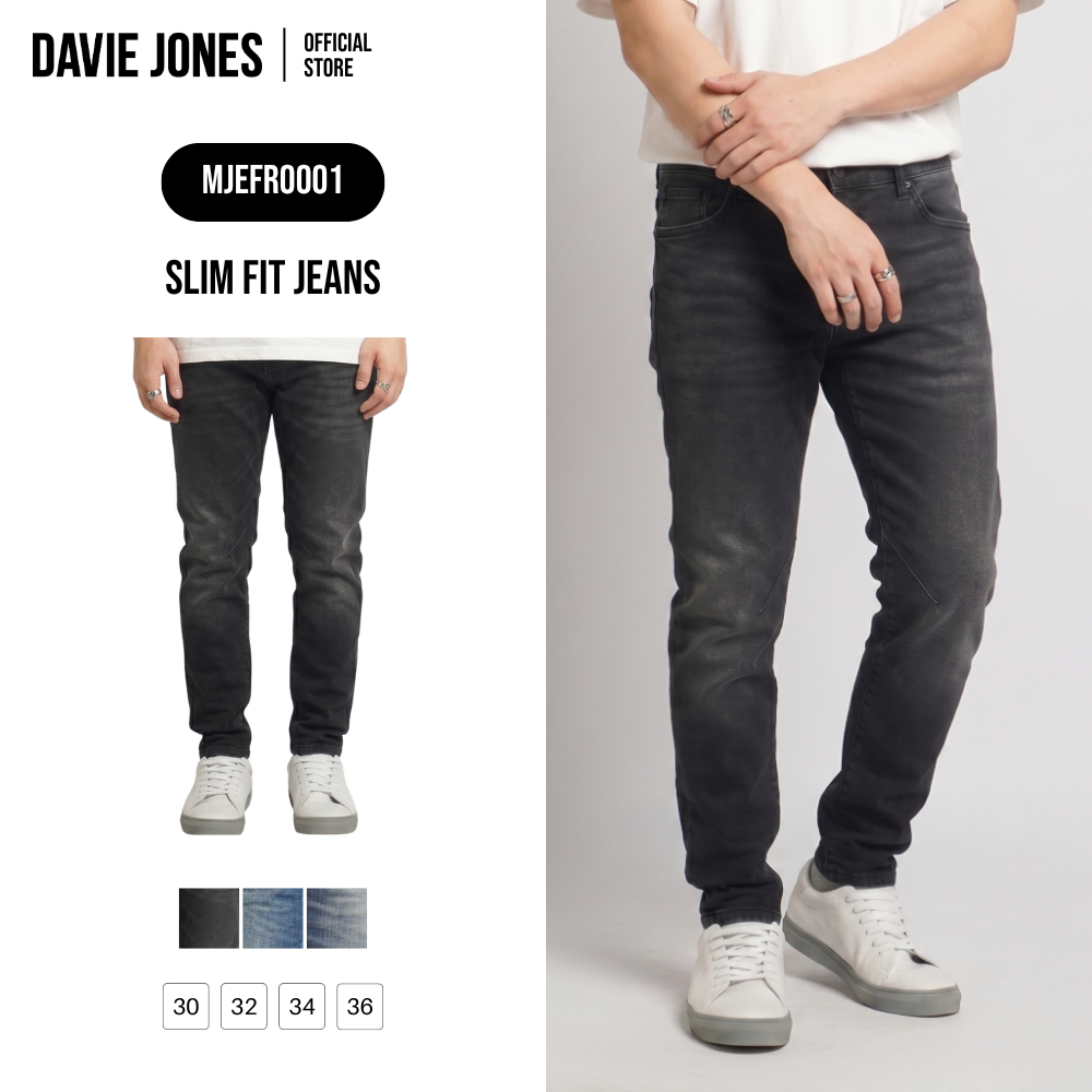 DAVIE JONES [BE FEARLESS] กางเกงยีนส์ผู้ชาย Slim Fit Jeans  สีดำ น้ำเงิน น้ำเงินฟอก FR0001