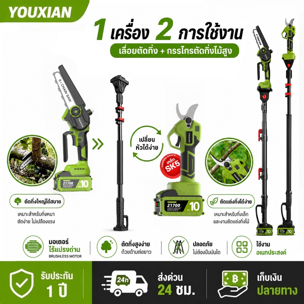 YOUXIAN กรรไกรตัดกิ่งไม้+เลื่อยไฟฟ้า 6" ก้านต่อ 2.6M เบา ใช้มือเดียว ตัดกิ่งสูง ทำสวน กลางแจ้ง ชุดครบ