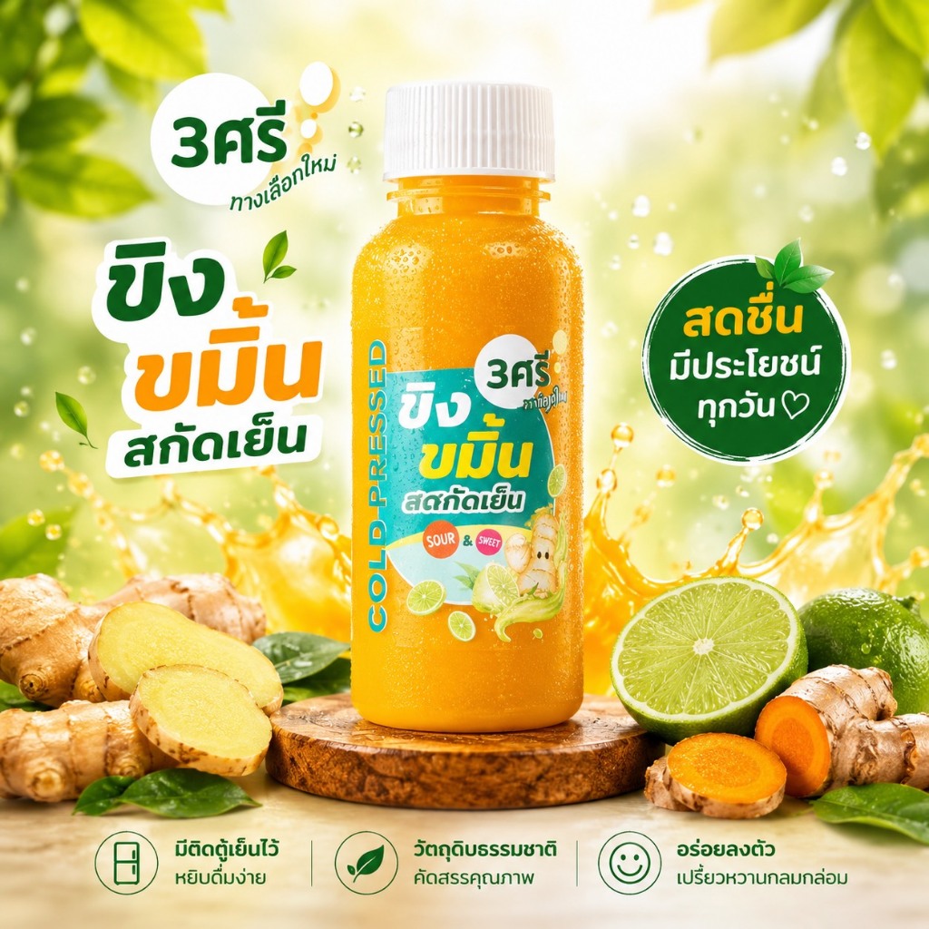 3 ศรี "Golden Wellness Shot" สูตรสกัดเย็นเข้มข้น (ขิง + ขมิ้น + มะนาวสด) ขนาด 30 มล.