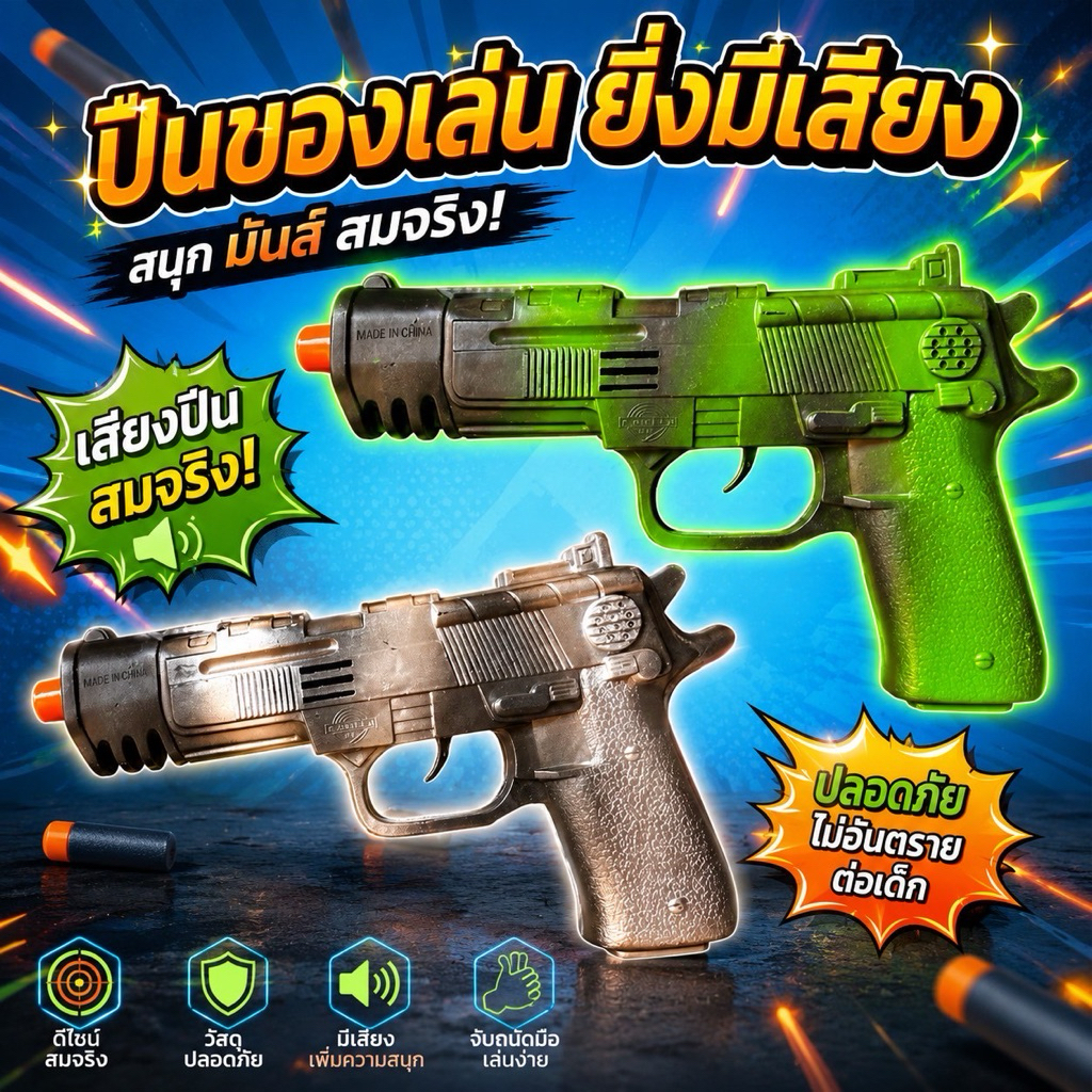 🔫 ปืนของเล่น มีเสียง (สีทหารเขียว / สีทหารเทา) พร้อมส่ง ของเล่น