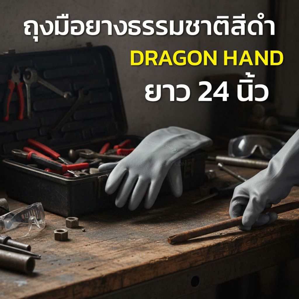 ถุงมือยางธรรมชาติสีดำยาว 24 นิ้ว DRAGON HAND แบบหนา (1คู่)