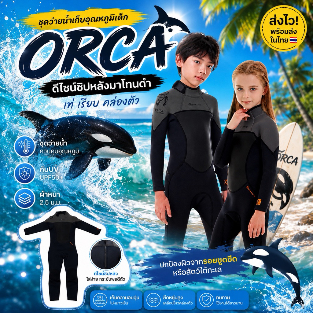 ชุดว่ายน้ำเก็บอุณหภูมิเด็ก รุ่น Orca ดีไซน์ซิปหลังมาโทนดำ ชุดว่ายน้ำเด็กสีดำ (SW280)