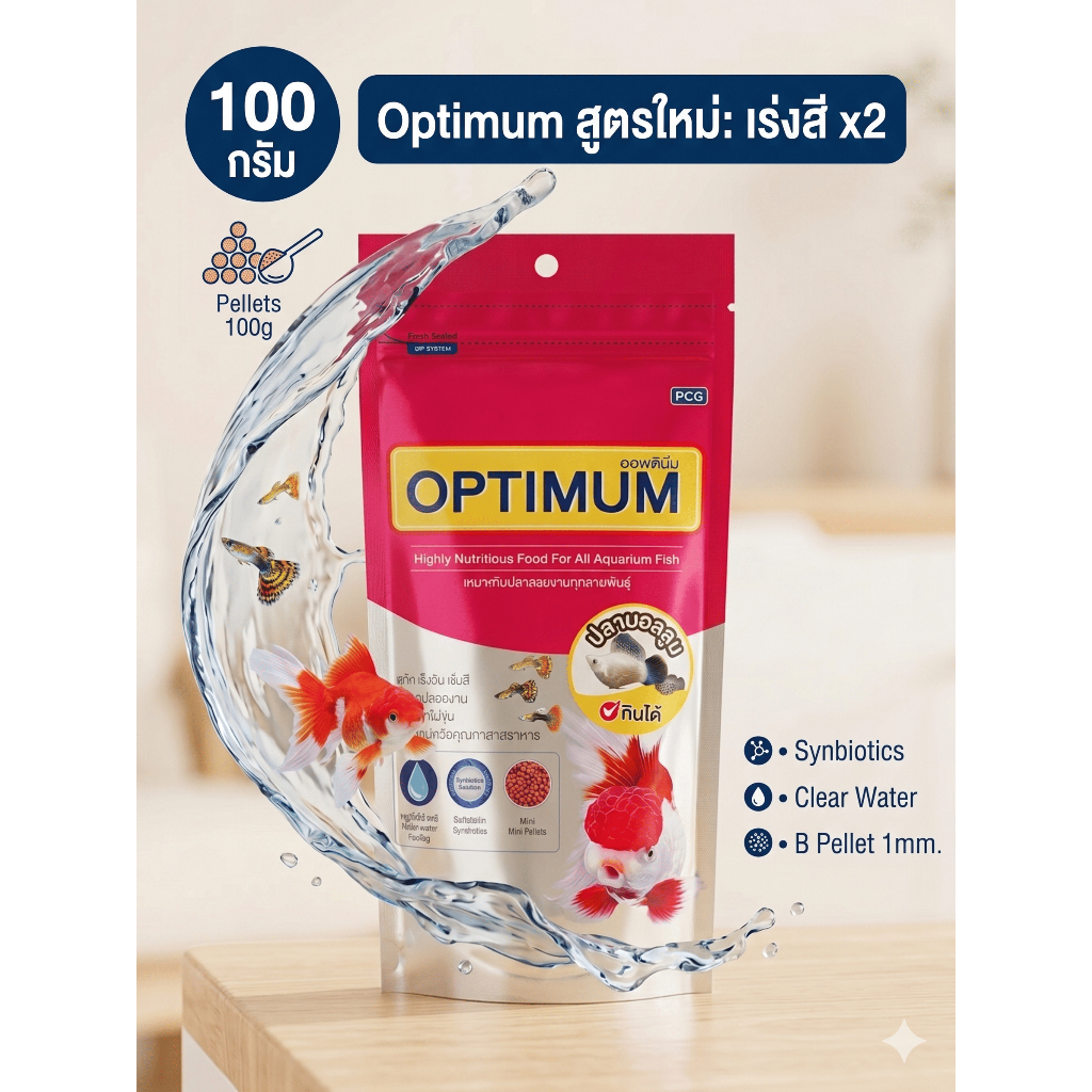 OPTIMUM สีสวย โตไว อาหารปลาสวยงาม ปลาทอง หางนกยูง บอลลูน ทุกชนิด น้ำไม่ขุ่น สุขภาพดี 100ก.