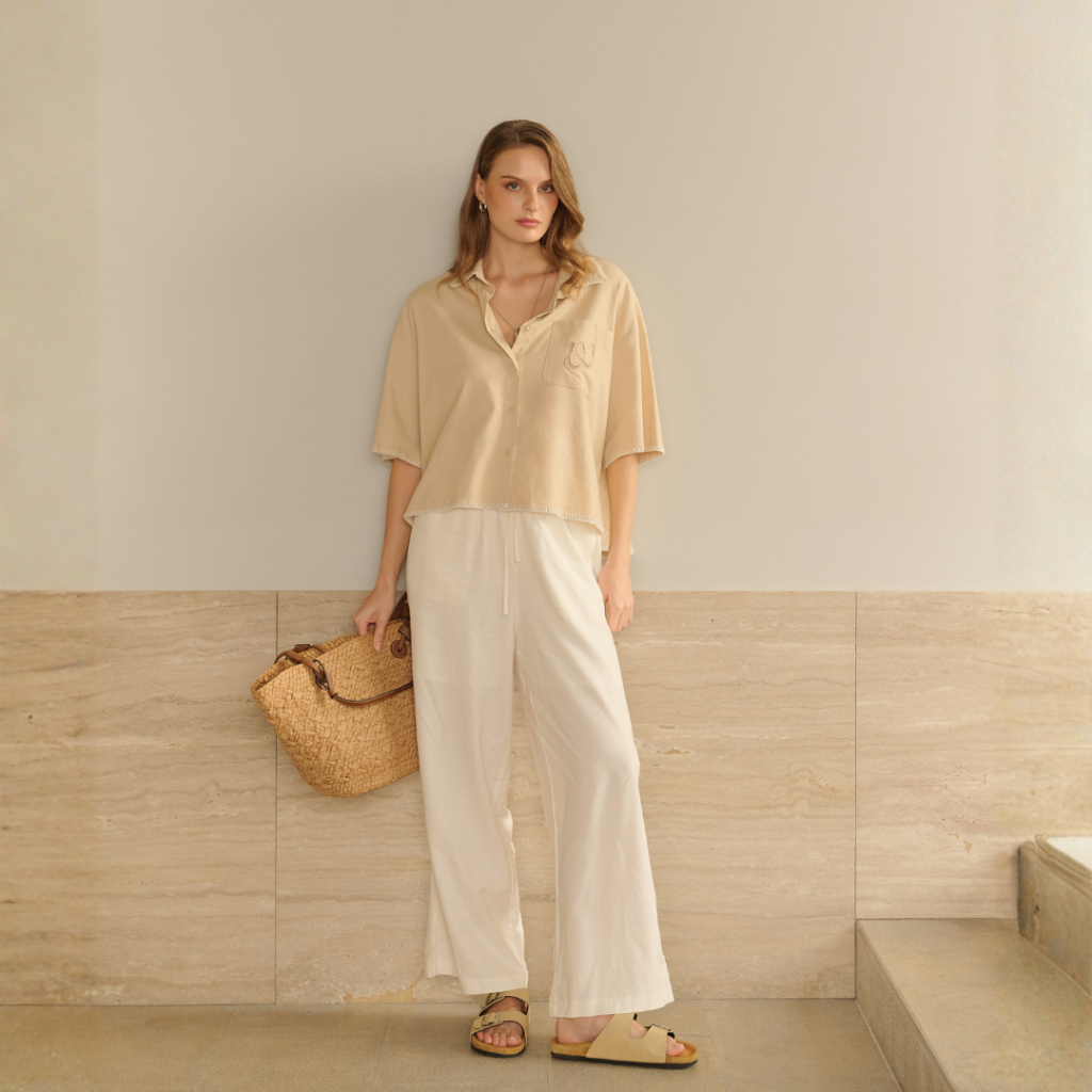 Withit Linen Straight Pants with Eyelet Embroidery กางเกงขายาวผ้าลินิน - BTW36793