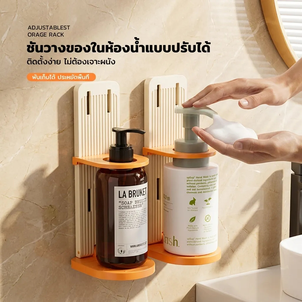 ชั้นวางแชมพูติดผนัง พับได้ ปรับความสูงได้ ชั้นวางเจลอาบน้ำ ห้องน้ำ ไม่ต้องเจาะ กันน้ำ ประหยัดพื้นที่