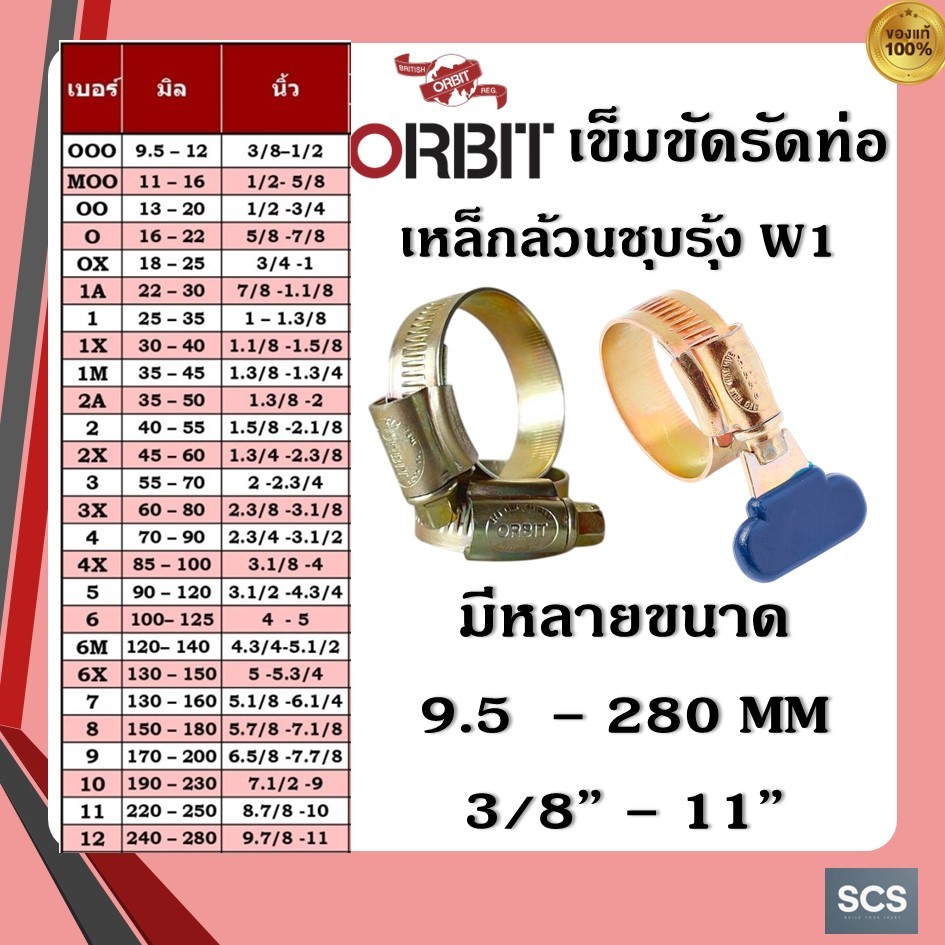 ORBIT เข็มขัดรัดท่อ รัดสายยาง ออบิท ขนาด 3/8'' - 11นิ้ว (9.5 - 280 มม.) กิ๊บรัดสายยาง เหล็กรัดสายยาง กิ๊บรัดท่อ