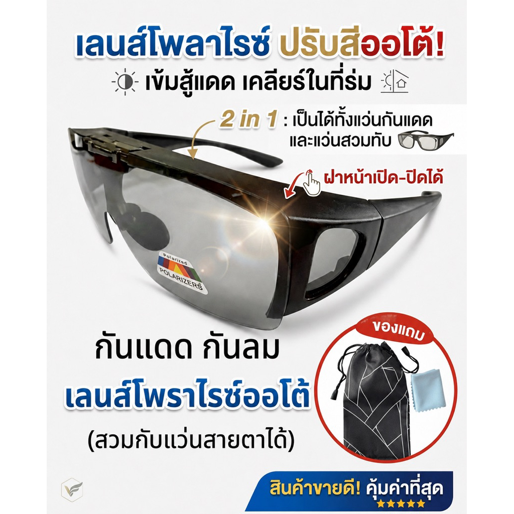 แว่นตากันแดดบังลมชะลอการเกิดต้อลมต้อเนื้อต้อกระจกเลนส์ปรับแสงออโต้