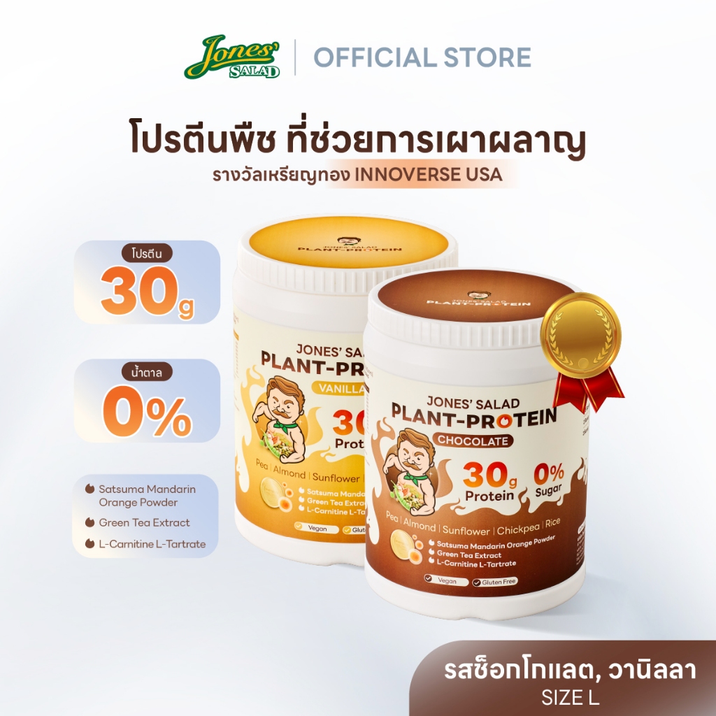 Jones Salad Plant Protein โปรตีนพืช ตรา โจนส์สลัด รส Chocolate,Vanilla ช็อกโกแลต วานิลลา แบบกระปุก ข