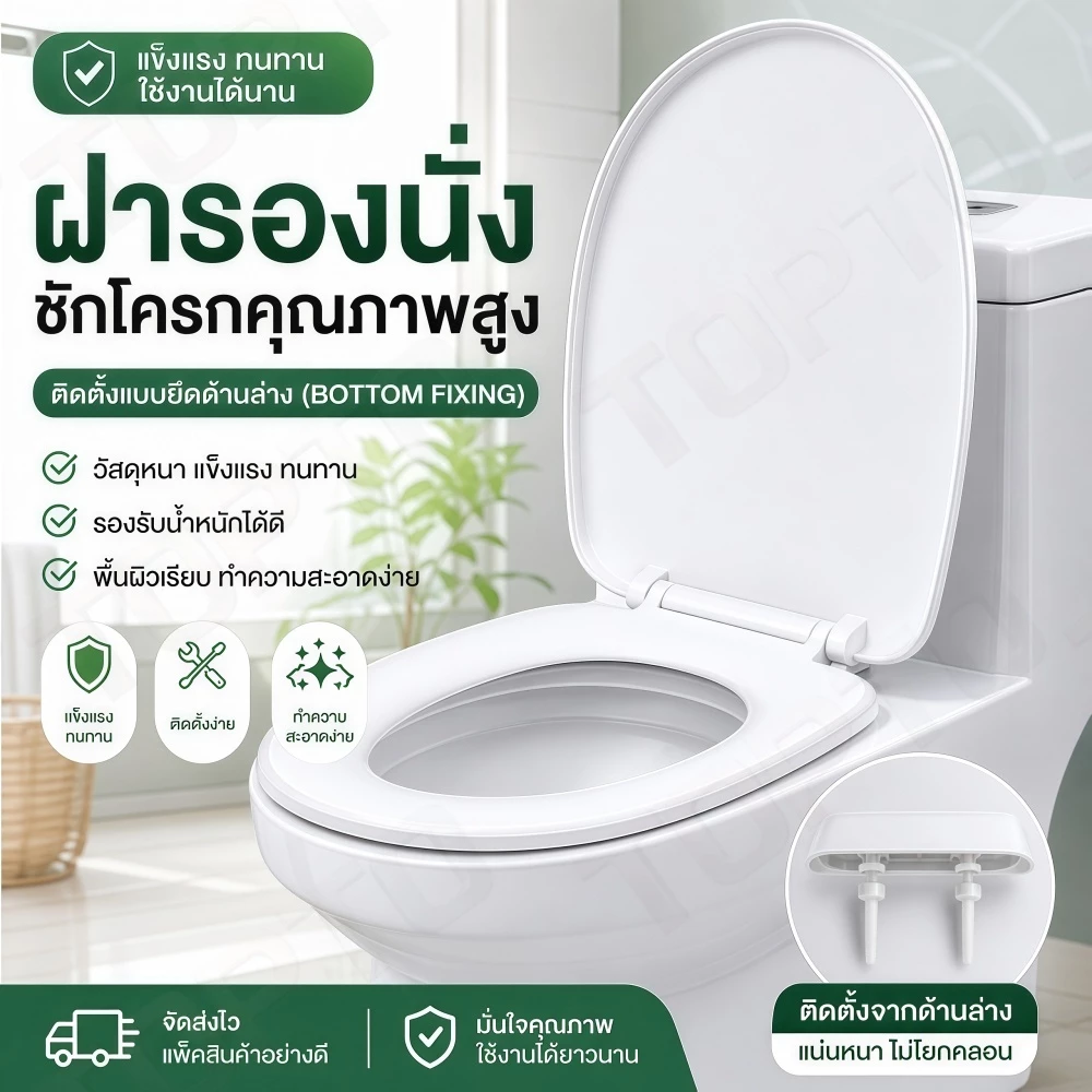 H61-ฝาชักโครก ฝาชักโครกทรงโอ รุ่นปรับระยะได้ ติดตั้งง่าย ป้องกันรอยซีดจาง เคลือบสารกันแสง UVA พร้อมอุปกรณ์ติดตั้งครบชุด