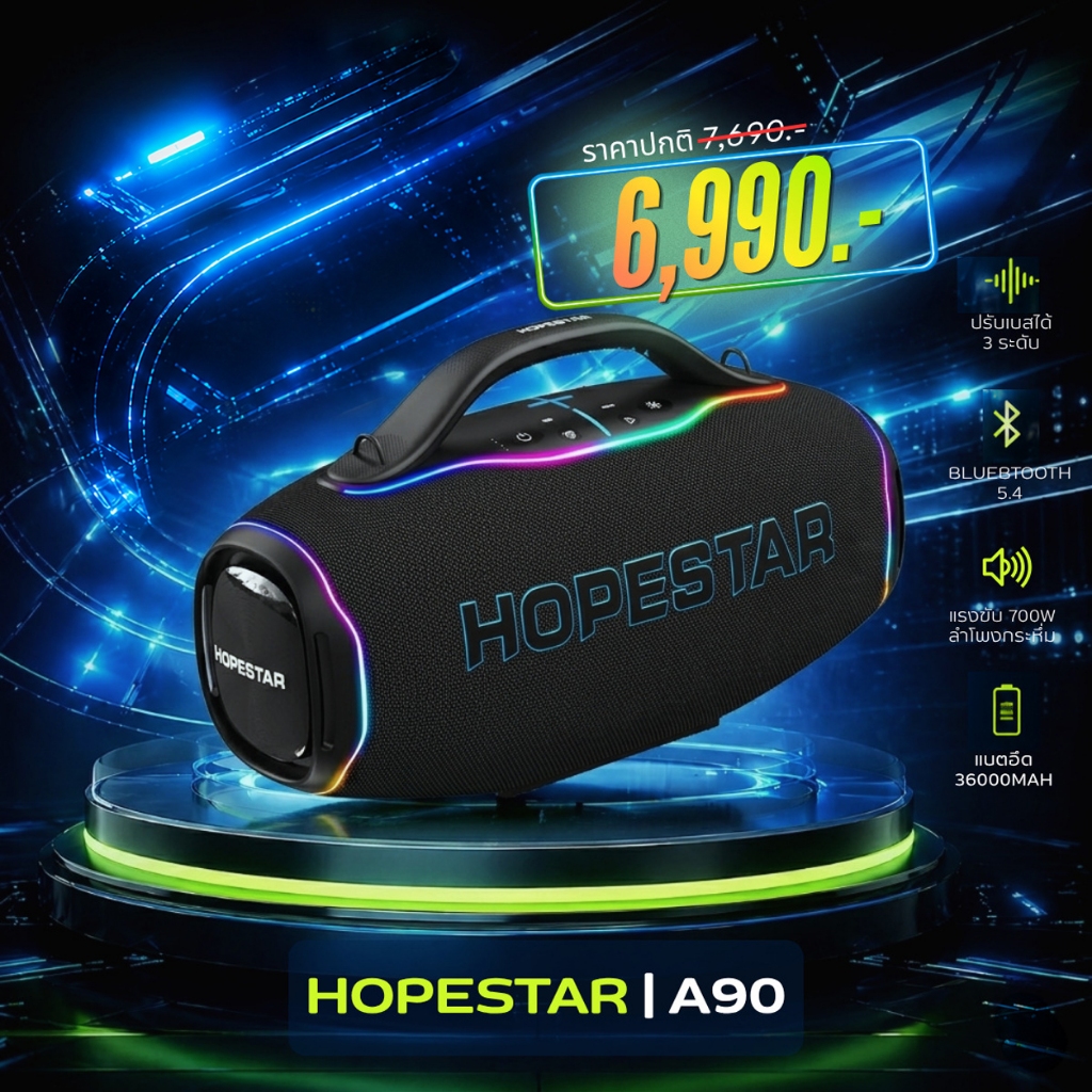 (ลดเหลือ 6990 พร้อมส่ง!) HOPSTAR A90 ลำโพงบลูทูธ (700W) พร้อมไมล์ลอย1ตัว ลำโพง8ดอก