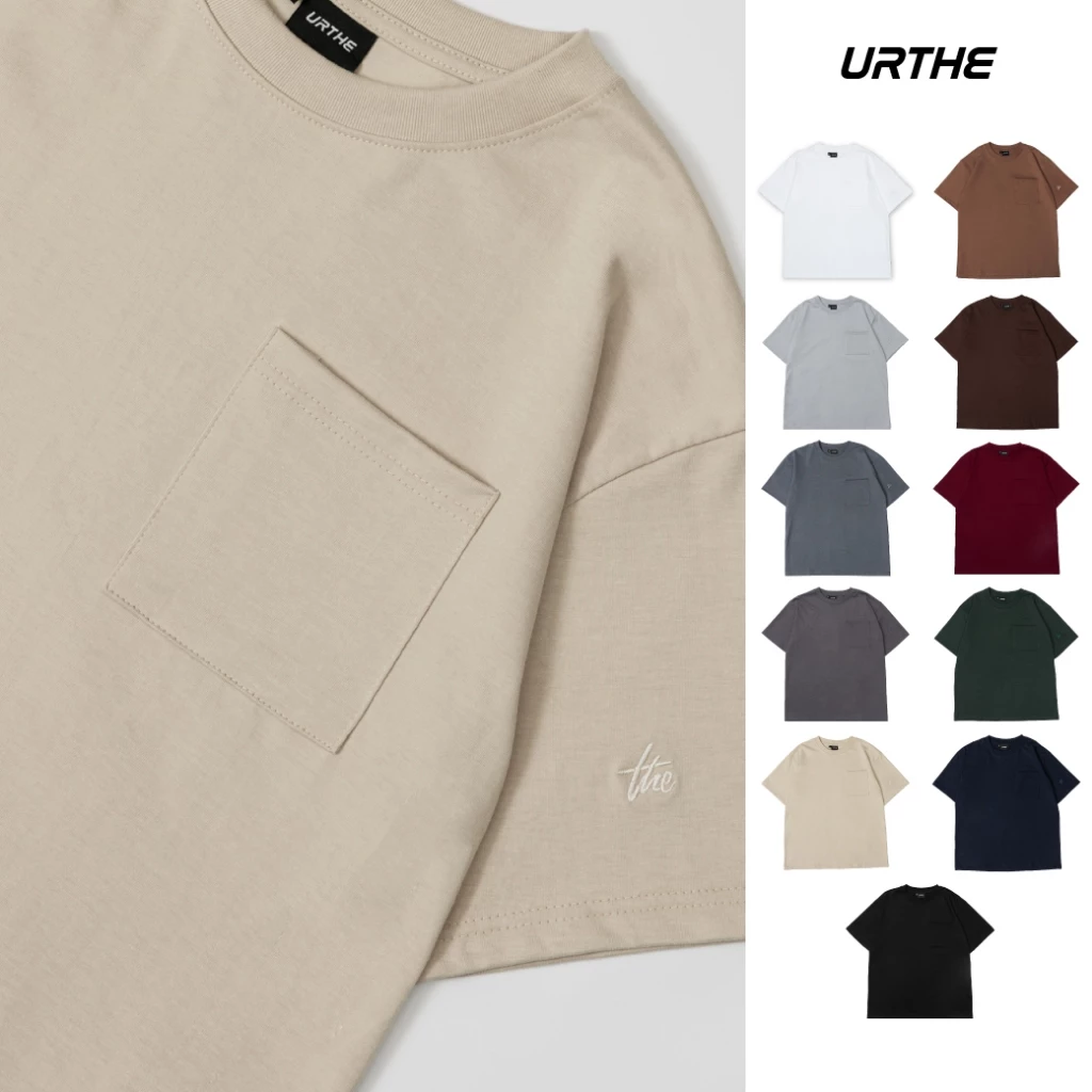 URTHE - เสื้อยืด สีพื้น รุ่น HEAVYWEIGHT RELAXED CREW NECK POCKET T-SHIRT