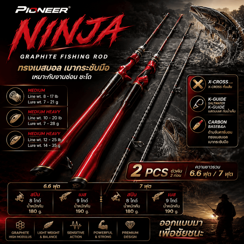 [ ของแท้ ] คันตีเหยื่อปลอม กราไฟท์ Pioneer Ninja ทรงเบสบอล เบากระชับมือ เหมาะกับงานช่อน ชะโด