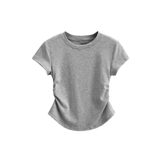 สาวลดอายุ ความรู้สึกของการออกแบบ แต่งจีบย่น เสื้อจั๊มเอว ใส่แล้วเพรียว แขนสั้น เสื้อเชิ้ตเอวลอยผู้หญิง แฟชั่นฤดูร้อน ทรง