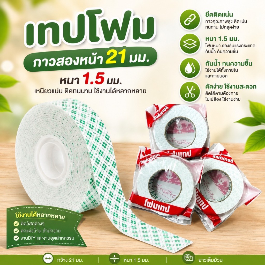 เทปโฟมกาวสองหน้า เหนียวพิเศษ กว้าง 21 มม. หนา 1.5 มม. ยาว 5 หลา โฟมเทปกาว 2 หน้าอย่างดี เทปโฟมติดผนัง ติดป้าย
