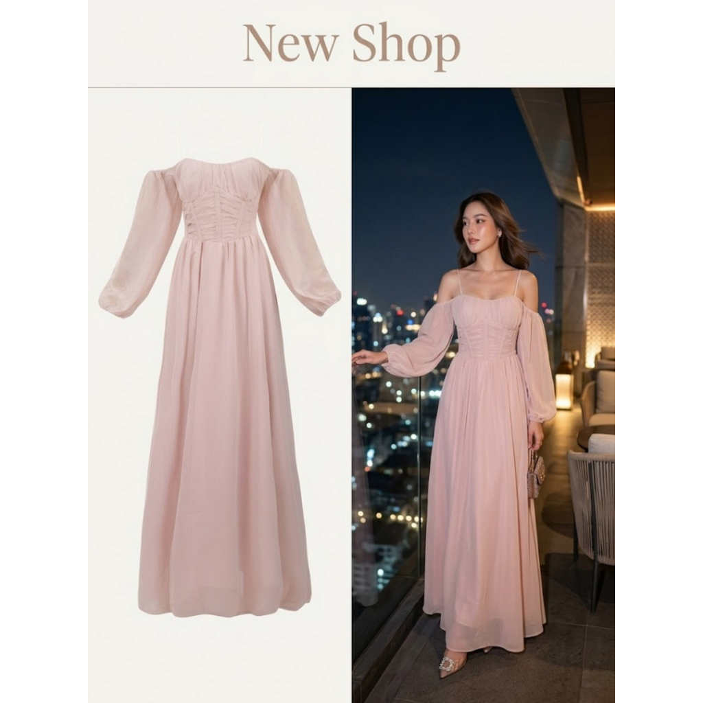 ชุดเดรสยาว,ชุดออกงาน สีพีช ซิปซ่อนด้านหลัง แขนยาว เปิดไหล่ ผ้าชีฟอง ความยาวชุด=58
