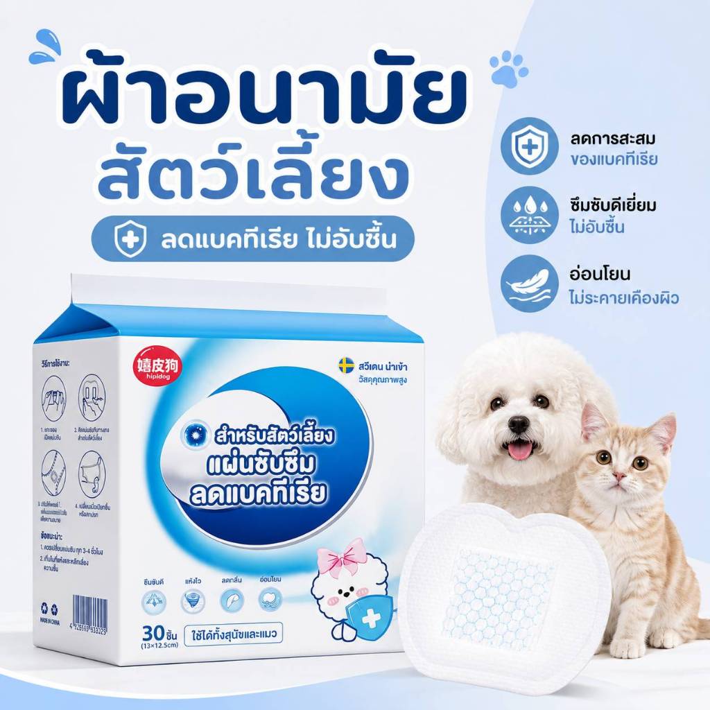 ผ้าอนามัยแอนตี้แบคทีเรียสำหรับสัตว์เลี้ยง 30แผ่น