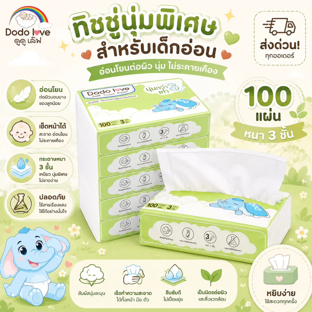 [ส่งด่วน] DoDolove Soft Tissue Paper [แพ็ค 6 ห่อ] กระดาษทิชชู่เด็กอ่อน นุ่มพิเศษ 3 เท่า สูตรออร์แกนิค อ่อนโยนต่อผิว