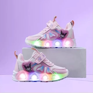 รองเท้าเด็กผู้หญิง มีไฟ LED ลายการ์ตูนน่ารัก สีชมพู ม่วง รองเท้าผ้าใบไม่ใช่ผ้าตาข่าย