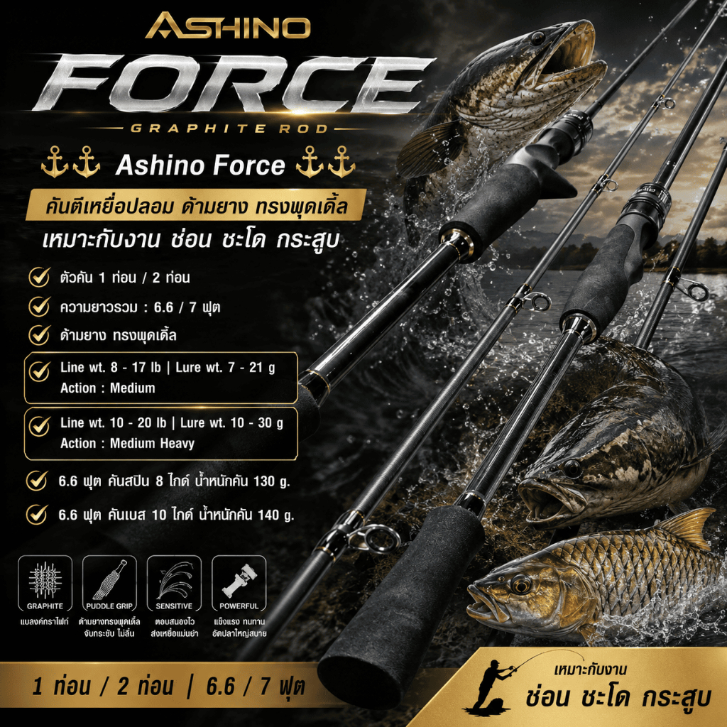 [ ของแท้ ]  คันตีเหยื่อปลอม กราไฟท์ Ashino Force ด้ามยาง ทรงพุดเดิ้ล เหมาะกับงานช่อน ชะโด กระสูบ