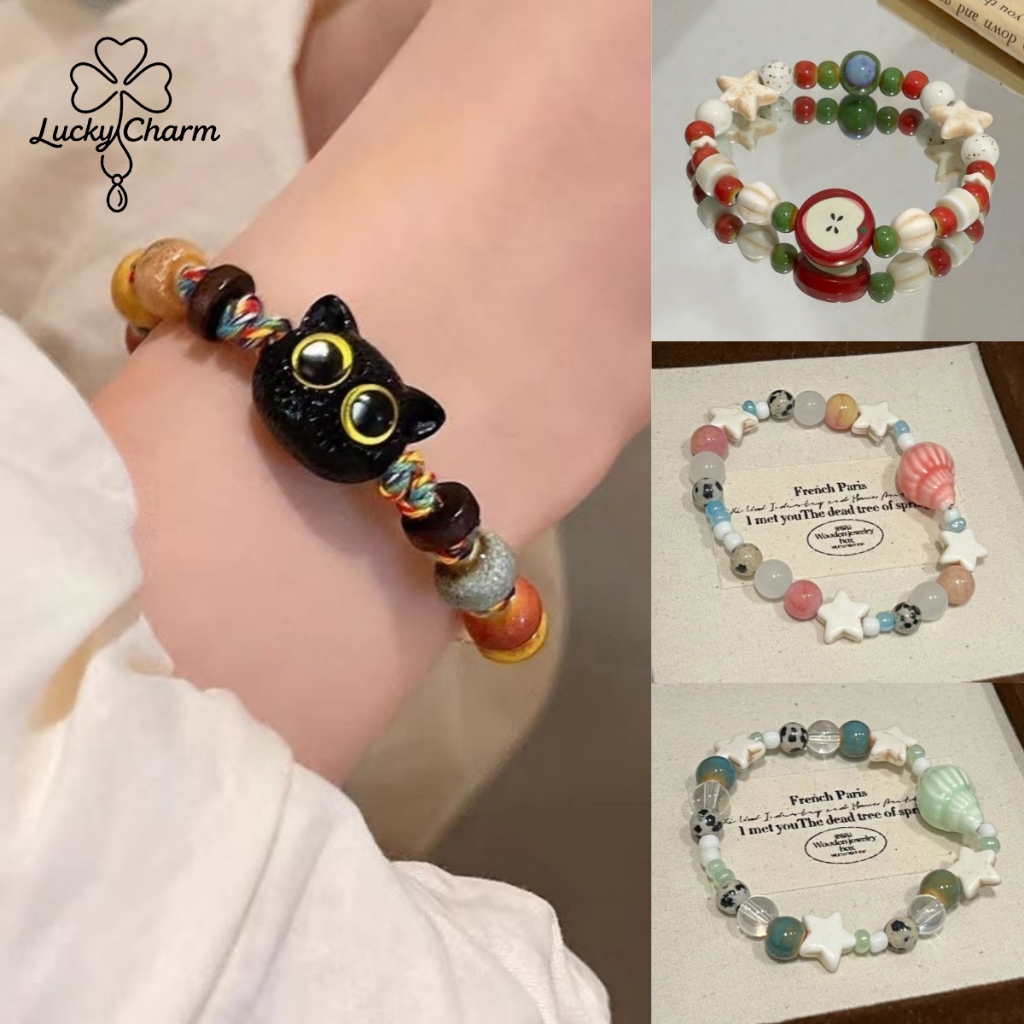 สร้อยข้อมือ สร้อยข้อมือเชือกถัก ลูกปัด รูปหัวแมวน่ารัก ดาว หวาน ins น่ารัก แฮนด์เมด ใส่ไปทะเล COD