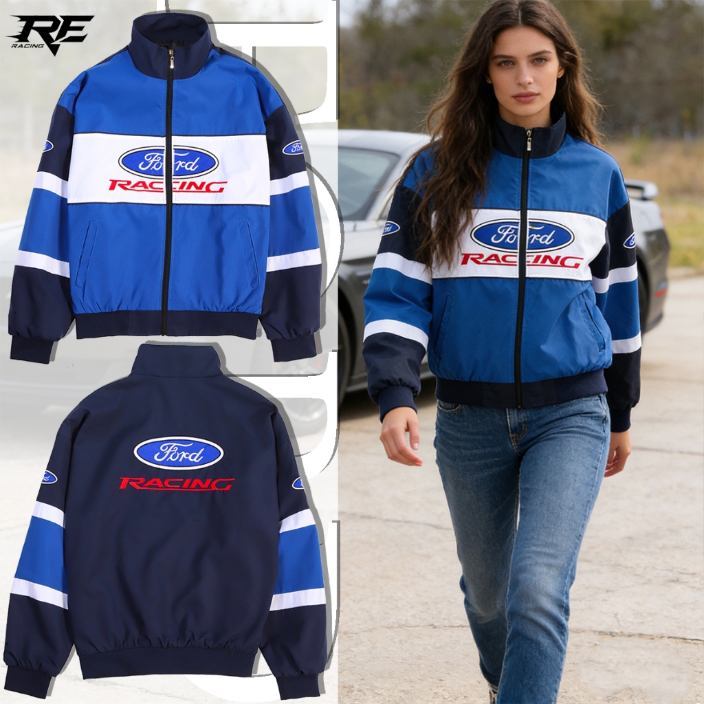 F1 Ford เสื้อแจ็กเก็ตรถแข่งผู้ชาย สไตล์แฟชั่นเรโทร งานปักทั้งตัว งานสวย แบบมีซิป กันน้ํากันลม สำหรับใส่ขับรถใส่เที่ยว