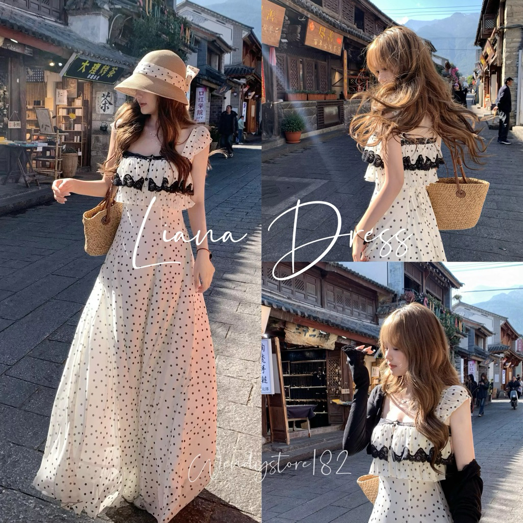 Wendystore182(Liana Dress)เดรสยาวแขนกุดขอบใหญ่ อกแต่งระบาย ผ้าชีฟองพรีเมียมแต่งลูกไม้