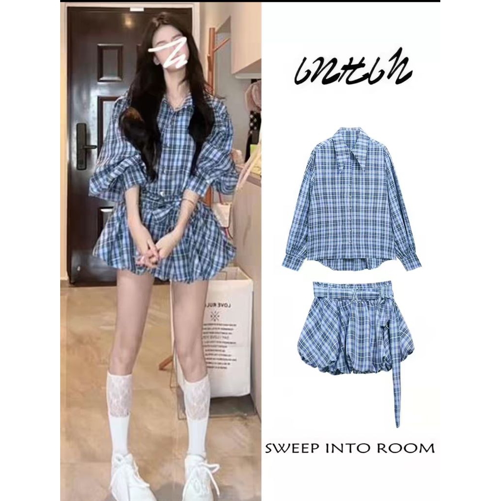 ชุดเซ็ท  2 ชิ้นเสื้อเชิ้ตแขนยาวคอปก POLO ลายสก็อตสีน้ำเงิน ช่วยพรางหุ่นมาพร้อมกระโปรงกางเกงทรงดอกทิวลิป ดีไซน์ใหม่