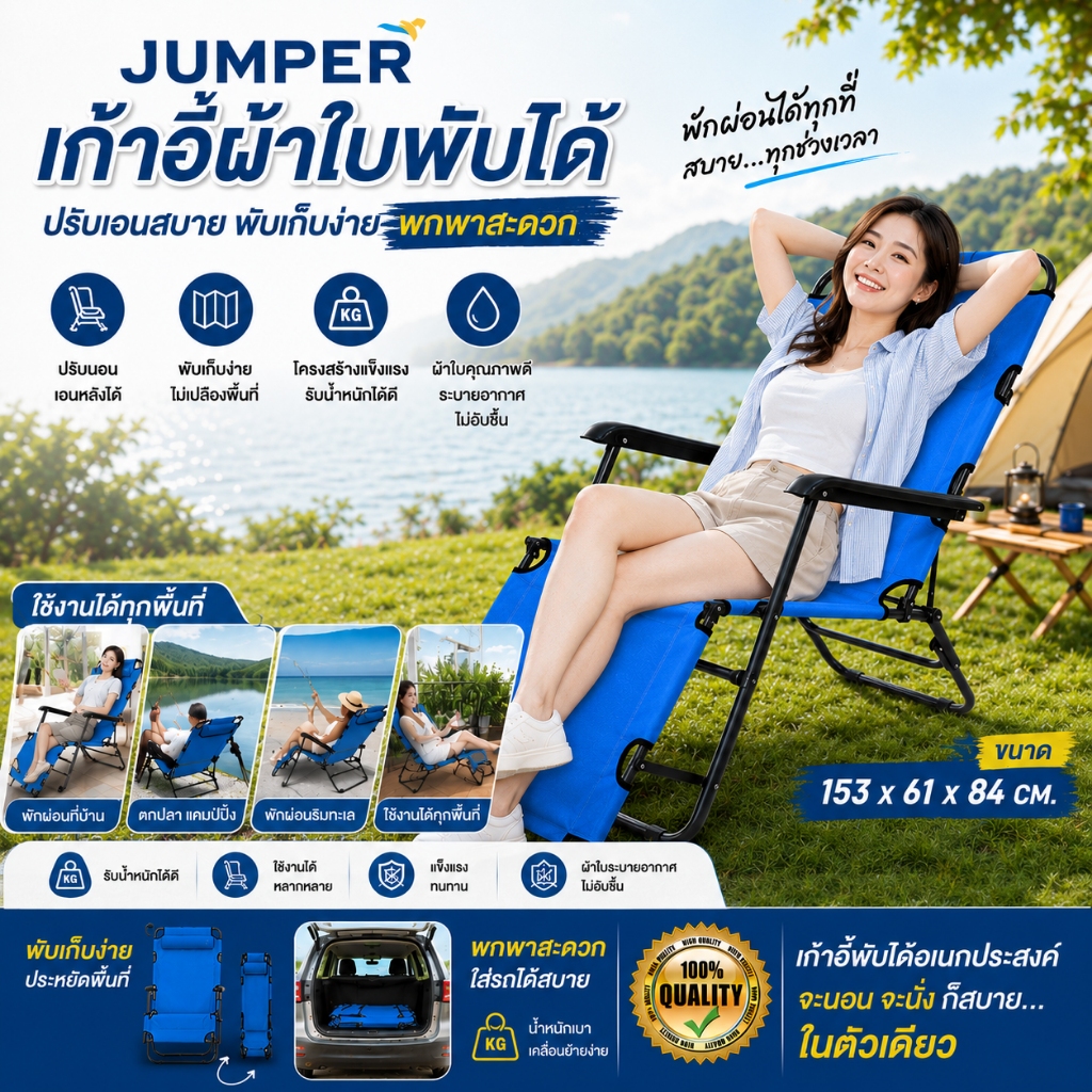 Jumper เก้าอี้ผ้าใบพับได้ เตียงสนาม เก้าอี้ปรับนอนและพับเก็บได้ เคลื่อนย้ายสะดวก ขนาด 153x60x79 cm.