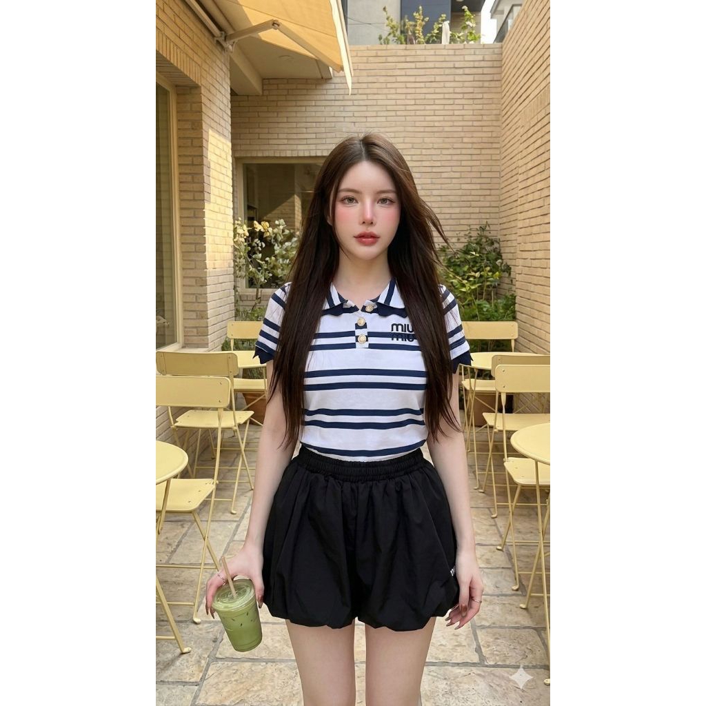 เซ็ต2ชิ้น งานเสื้อยืดลายริ้วคอปกmiumiu กางเกงบอลลูน ป้ายห้อยแพ็คถุงซิบ