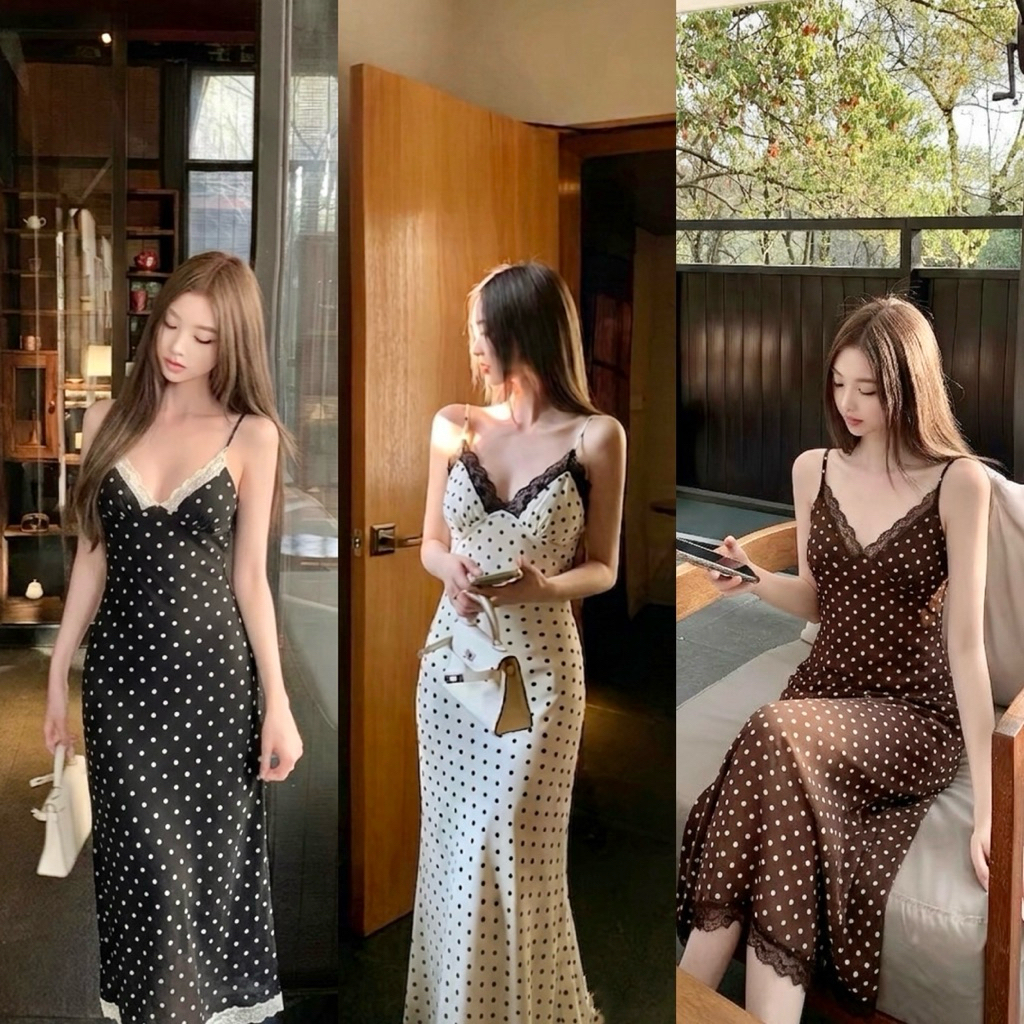 Teera❤️พร้อมส่ง✨เดรสชีฟองงานสวย💥 ลายจุดสายหวานละมุน💕สายผูกหลัง + ลูกไม้ช่วงอก มีซับในทั้งตัว