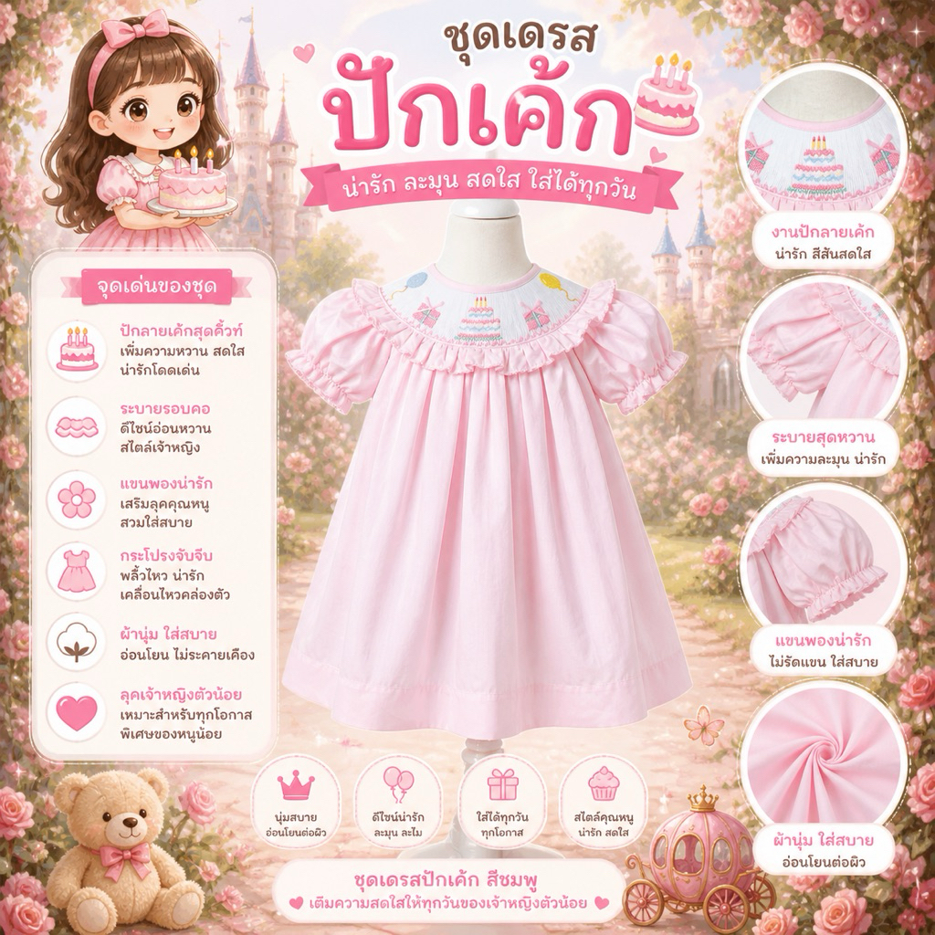 Smock ชุดเดรส&รอมเปอร์ สม็อคคอกปัก HBD ผ้าสีชมพู ปักมือ