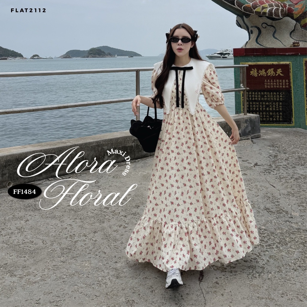 FLAT2112 : ALORA FLORAL MAXI DRESS เดรสยาวลายดอกไม้ เดรสคอปกสีขาวใหญ่ เดรสแขนพองลายดอก เดรสลูกคุณหนูเรียบหรู (FF1484)