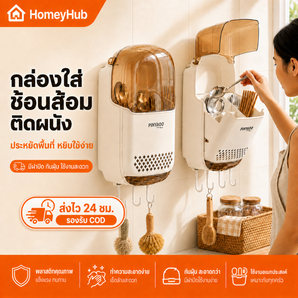 ที่ใส่ช้อนส้อมติดผนัง กล่องเก็บช้อนส้อม มีฝาปิดกันฝุ่น ไม่ต้องเจาะ ที่ใส่ตะเกียบ ระบายน้ำ กันชื้น สำหรับห้องครัว พร้อมส่