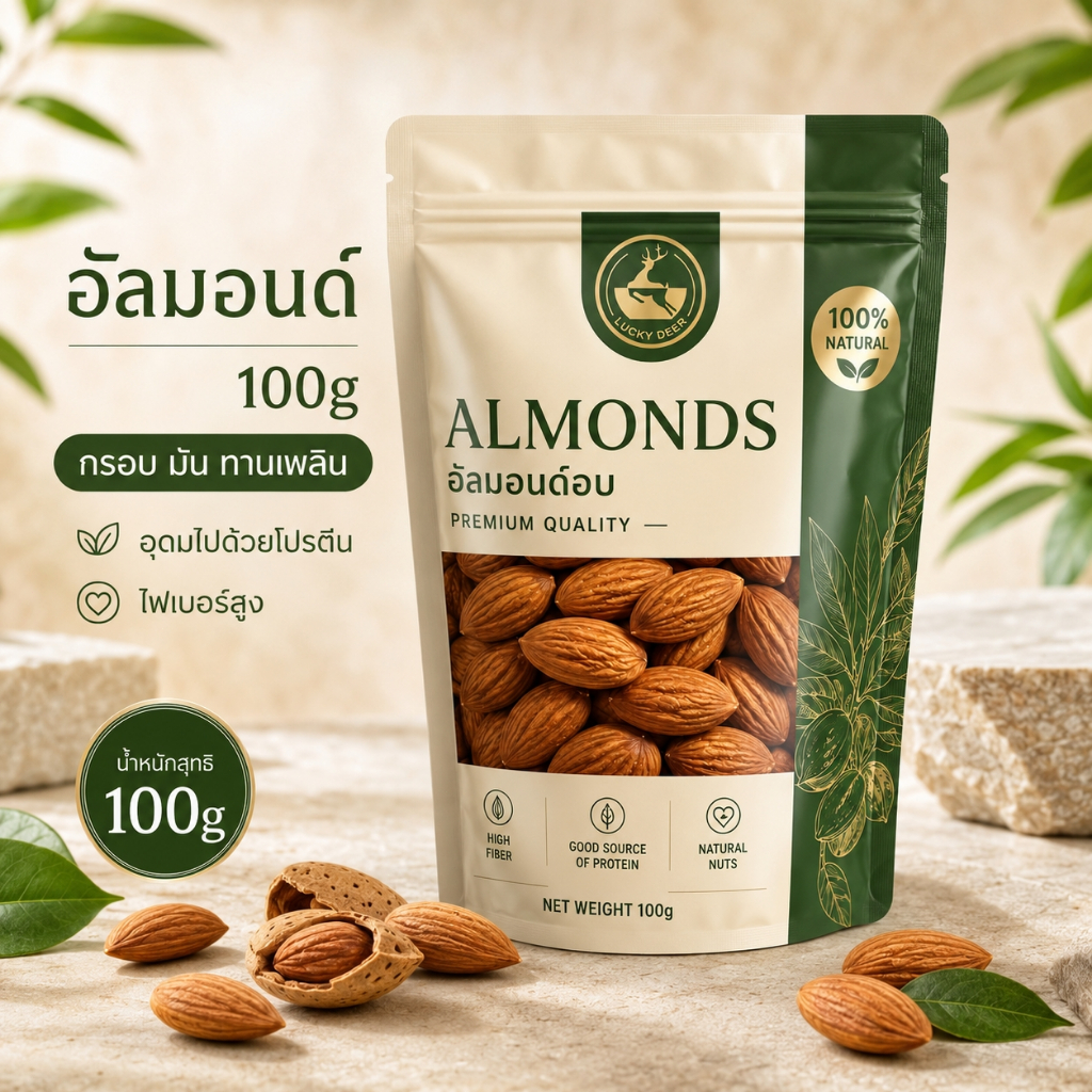 อัลมอนด์ 100 กรัม กรอบอร่อย เป็นขนมขบเคี้ยวจากถั่วที่ยิ่งเคี้ยวยิ่งอร่อย – ขนมกินเล่นอร่อยๆ