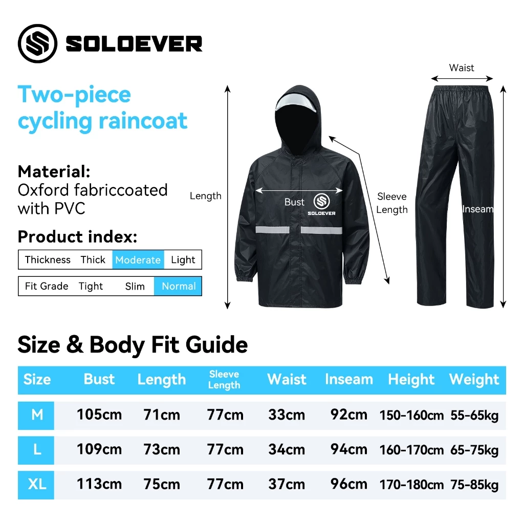​SOLOEVER เสื้อกันฝน 2ชิ้น กันน้ำ100% ฮู้ดปรับได้ เหมาะสำหรับขี่ ผู้ชาย ผู้หญิง สวมใส่สบาย ราคาพิเศษ thumbnail 3
