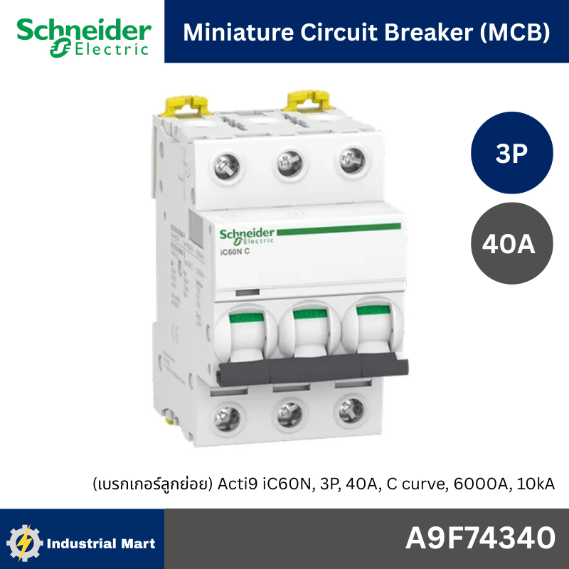 Schneider A9F74340 MCB Acti9 iC60N C-Curve,400VAC,3P 40A 10kA