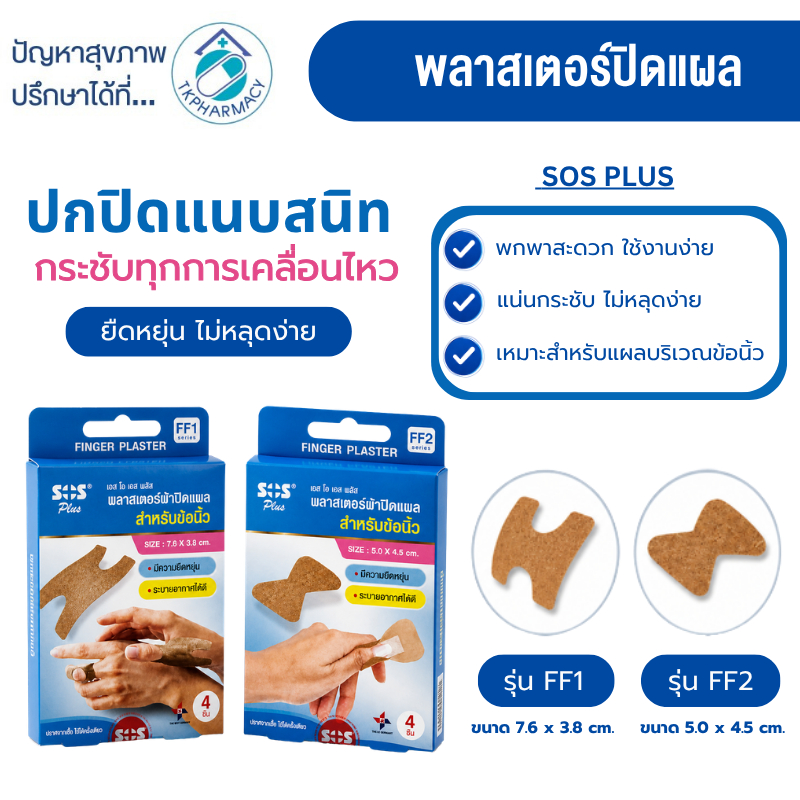 พลาสเตอร์ปิดนิ้ว SOS Plus พลาสเตอร์ผ้าปิดแผล สำหรับข้อนิ้ว 4 ชิ้น/กล่อง