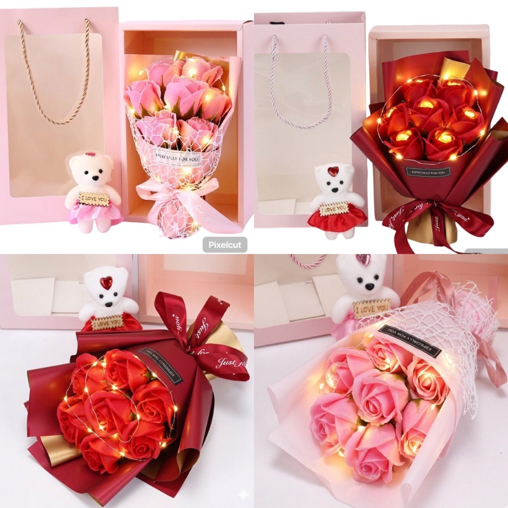 7 ดอกหมี กุหลาบ+กล่อง+ไฟ+หมี+ถุงหน้าใสหิ้วได้ ประกอบมาให้เสร็จแล้ว ราคาโรงงาน พร้อมส่ง