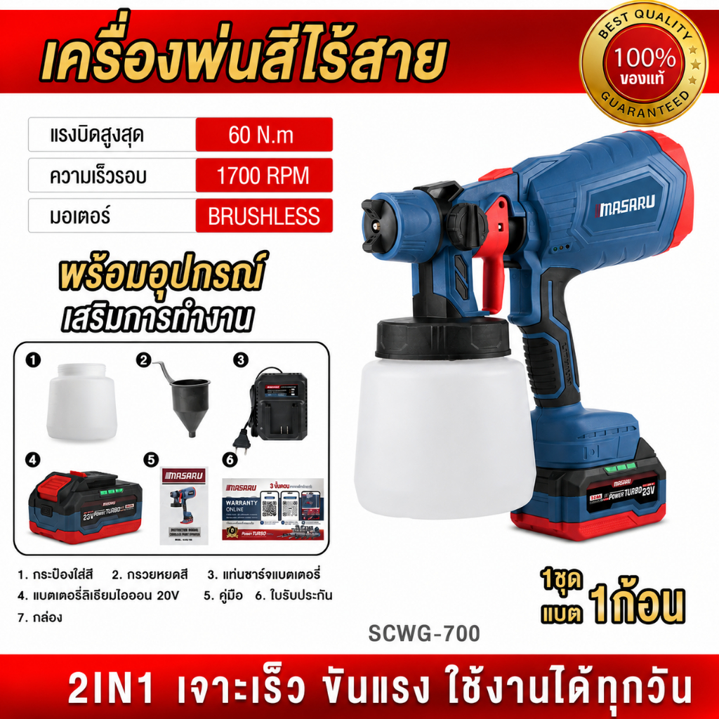 ถูกสุด MASARU กาพ่นสีไร้สาย SCWG-700 เครื่องเป่าสี อุปกรณ์ทาสี เครื่องพ่นสี ประกัน 1 ปี