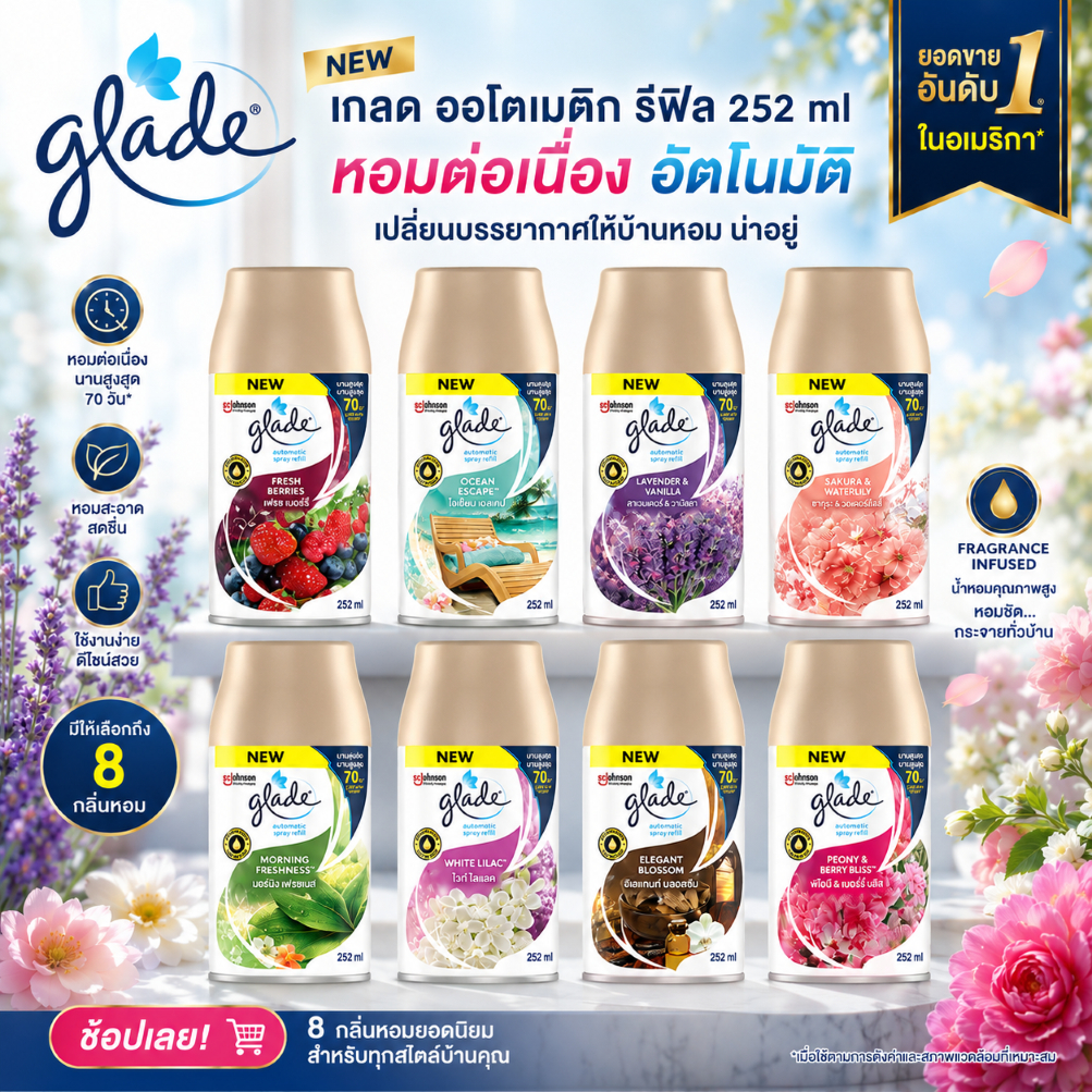 Glade เกลด สเปรย์ ฉีด อัตโนมัติ ชนิดเติม ขนาด 252 ml. พร้อมส่ง10 กลิ่น หอมสดชื่นทั้งวัน