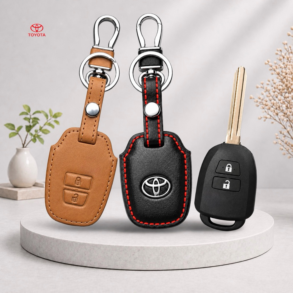 ซองหนังแท้ ใส่กุญแจรีโมทรถยนต์ รุ่นดอกกุญแจโลโก้เหล็ก Toyota Vios,Yaris,Commuter 2-3 ปุ่ม