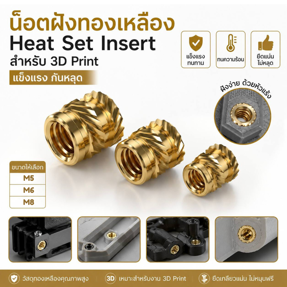 Heat Set Insert M5 / M6 / M8 น็อตฝังทองเหลือง สำหรับงานวิศวกรรม แข็งแรงสูง