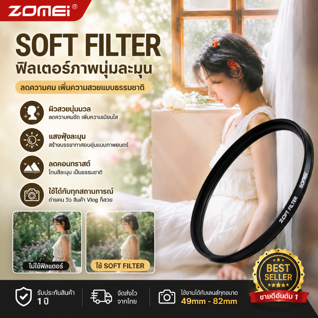ฟิลเตอร์ซอฟต์โฟกัสเหมาะสำหรับกล้อง DSLR ช่วยลดแสงจ้าและลดความคอนทราสต์ ใช้งานได้กับกล้องหลายยี่ห้อ กล้องกรองอุปกรณ์เสริม
