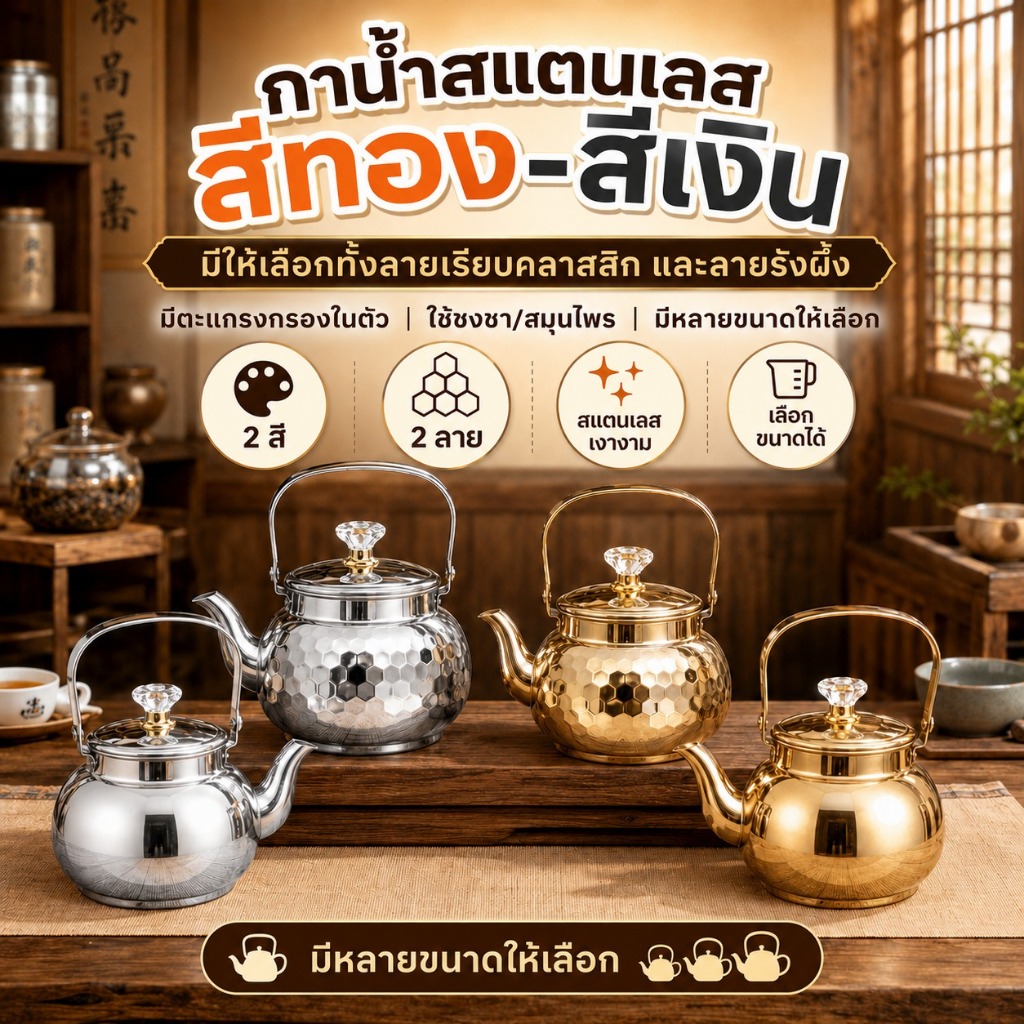 กาต้มน้ำสแตนเลสพรีเมียม พร้อมที่กรองในตัว ดีไซน์หรู (มีให้เลือกทั้งสีเงิน/สีทอง และลายค้อนรังผึ้ง) ขนาด 750ml - 2 ลิตร