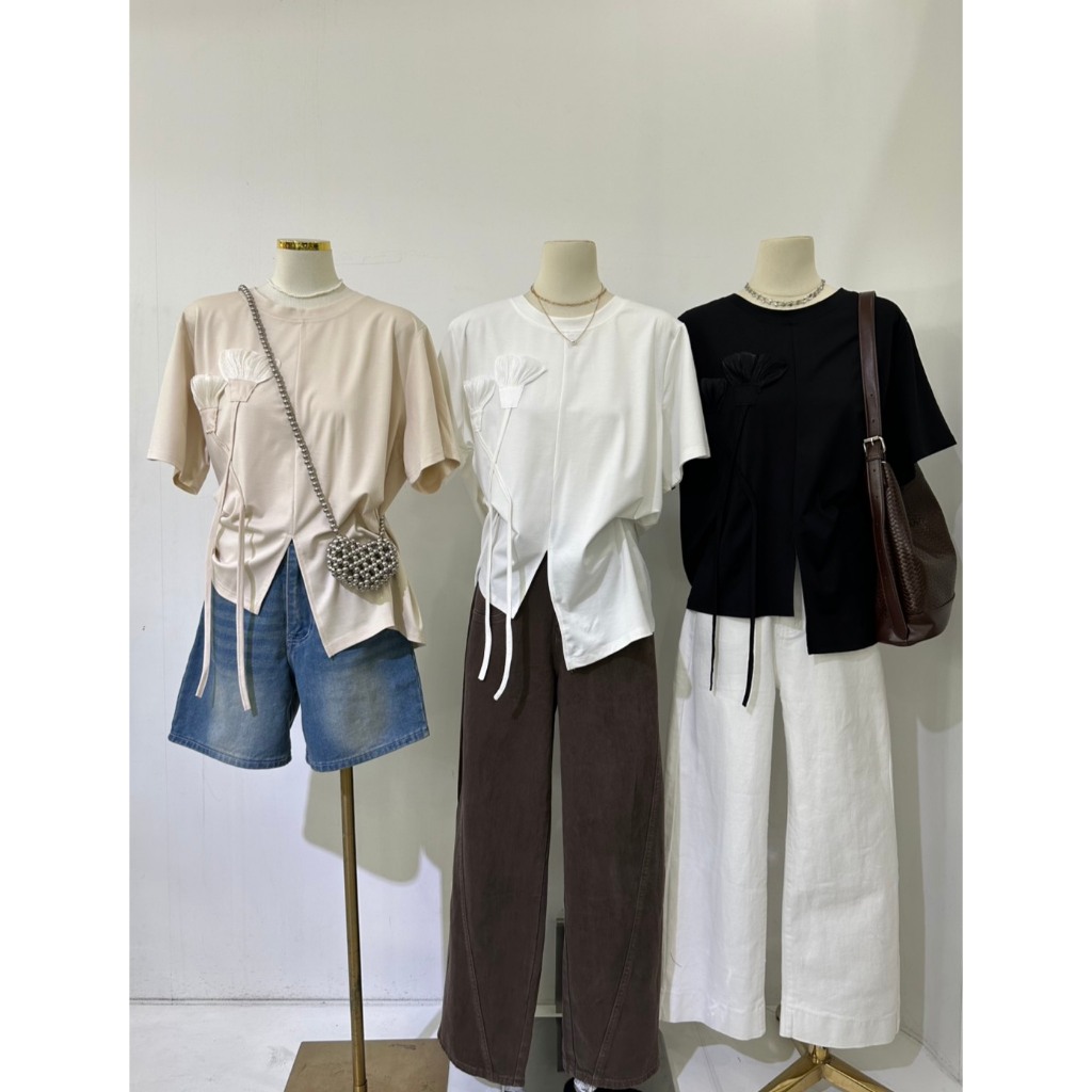 M2145 เสื้อยืดดีไซน์เก๋ งานปักดอกไม้ 3D ทรง Oversize