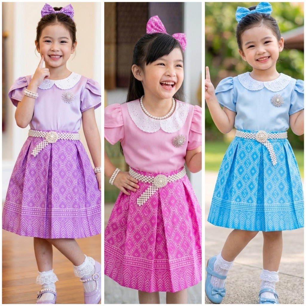ชุดไทยเด็กหญิง ปกฉลุ2ชิ้นเสื้อปกลุกไม้ฉลุ