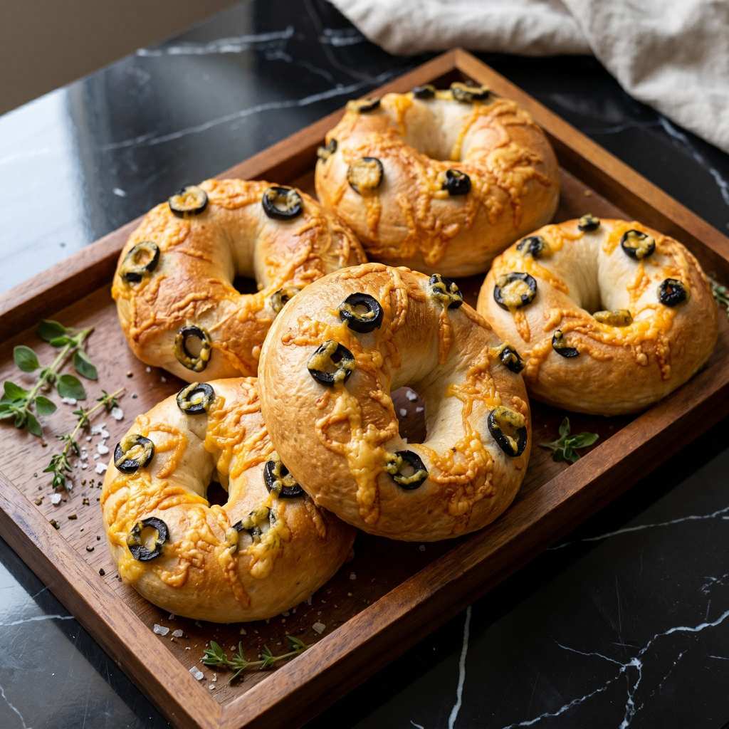 Olive Chesses Bagel  ขนมปังเบเกิล Homemade Bagel เนื้อหนึบ 5 ชิ้น ทำใหม่ทุกออเดอร์ พร้อมส่งทุกวัน