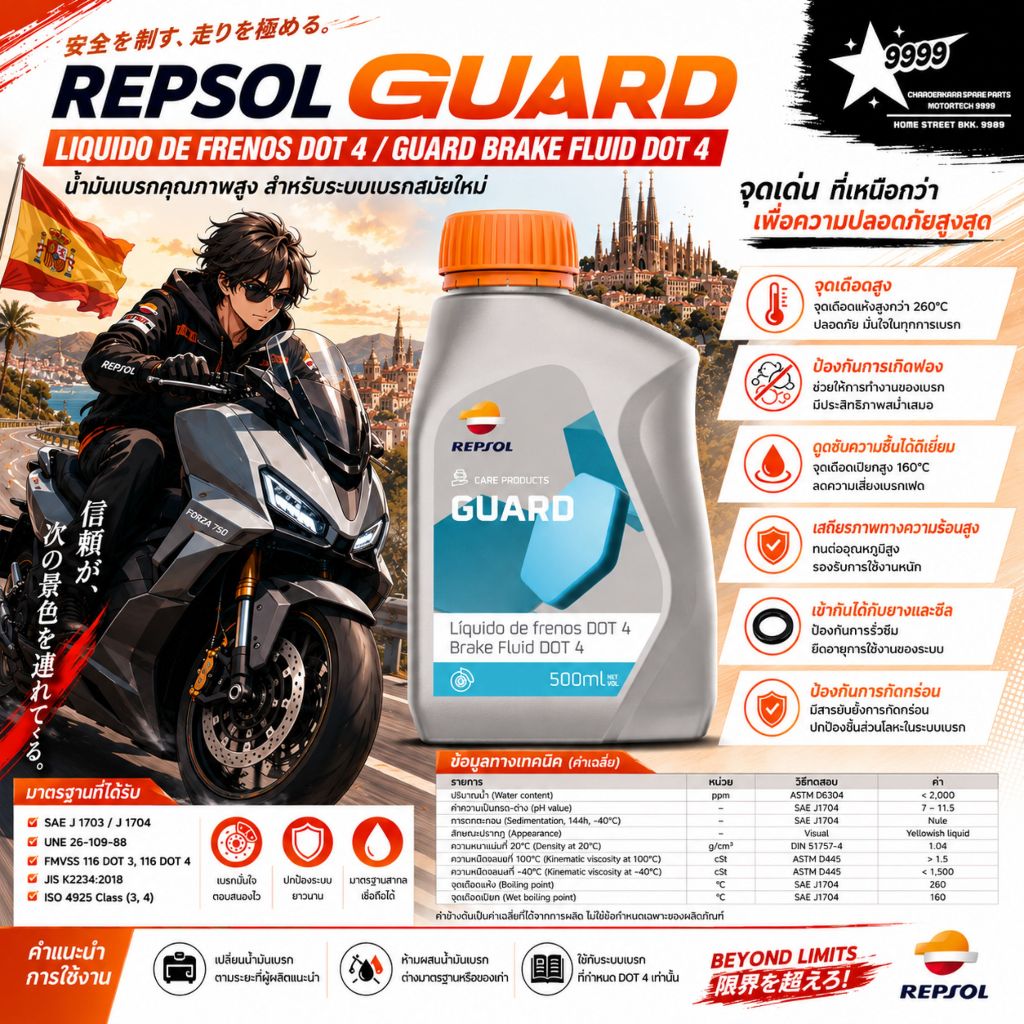 REPSOL GUARD LIQUIDO DE FRENOS DOT 4 น้ำมันเบรคคุณภาพสูง 500 ml.