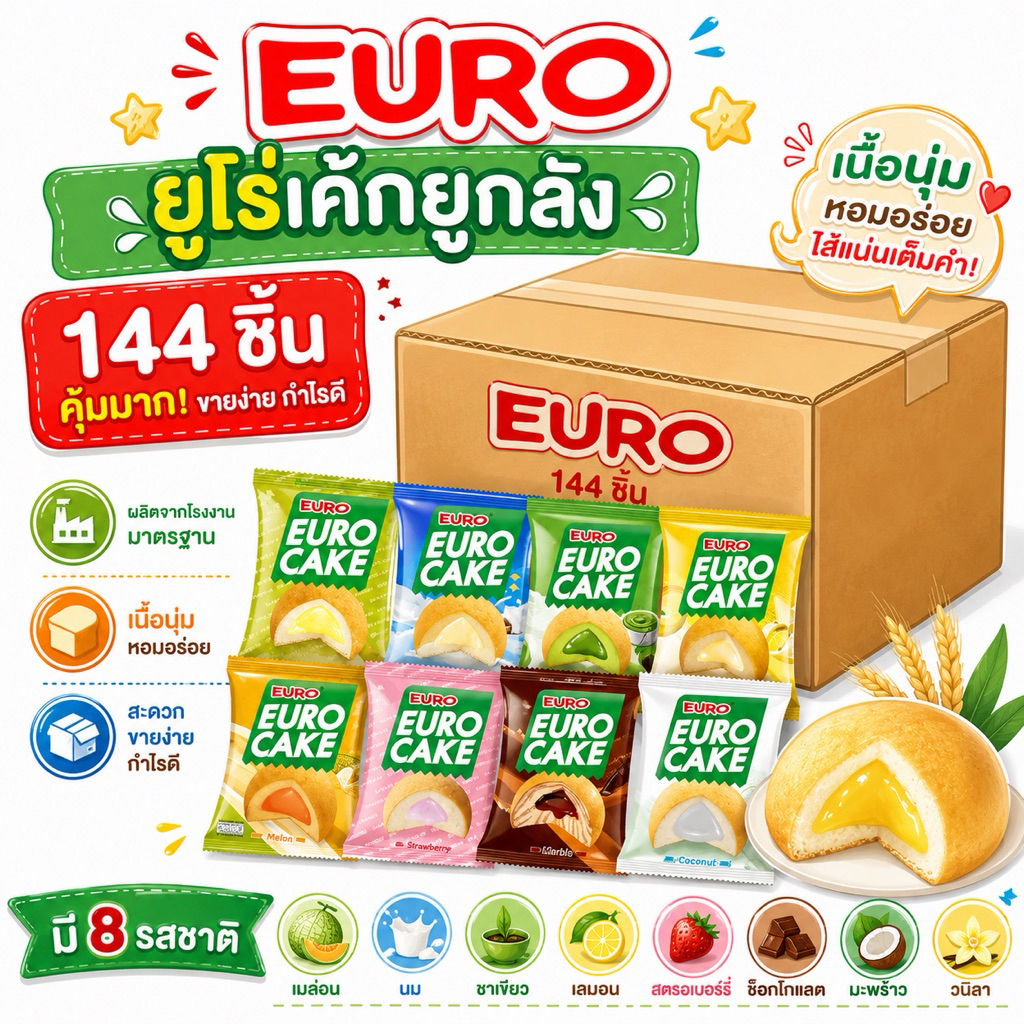 [ ยกลัง ] 🥠ยูโร่ Euro Cake 🍰คัสตาร์ดเค้ก บรรจุ 12 กล่อง 144 ชิ้น ยูโร่ ยูโรเค้ก ของกินเล่น ขนมยัดไส้