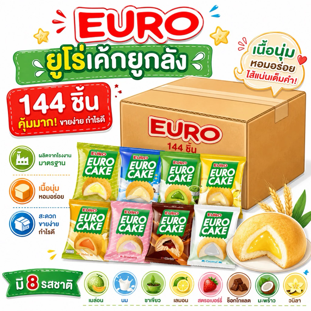NP [ ยกลัง ] 🥠ยูโร่ Euro Cake 🍰เค้ก บรรจุ 12 กล่อง 144 ชิ้น ยูโร่ ยูโรเค้ก ของกินเล่น ขนมยัดไส้